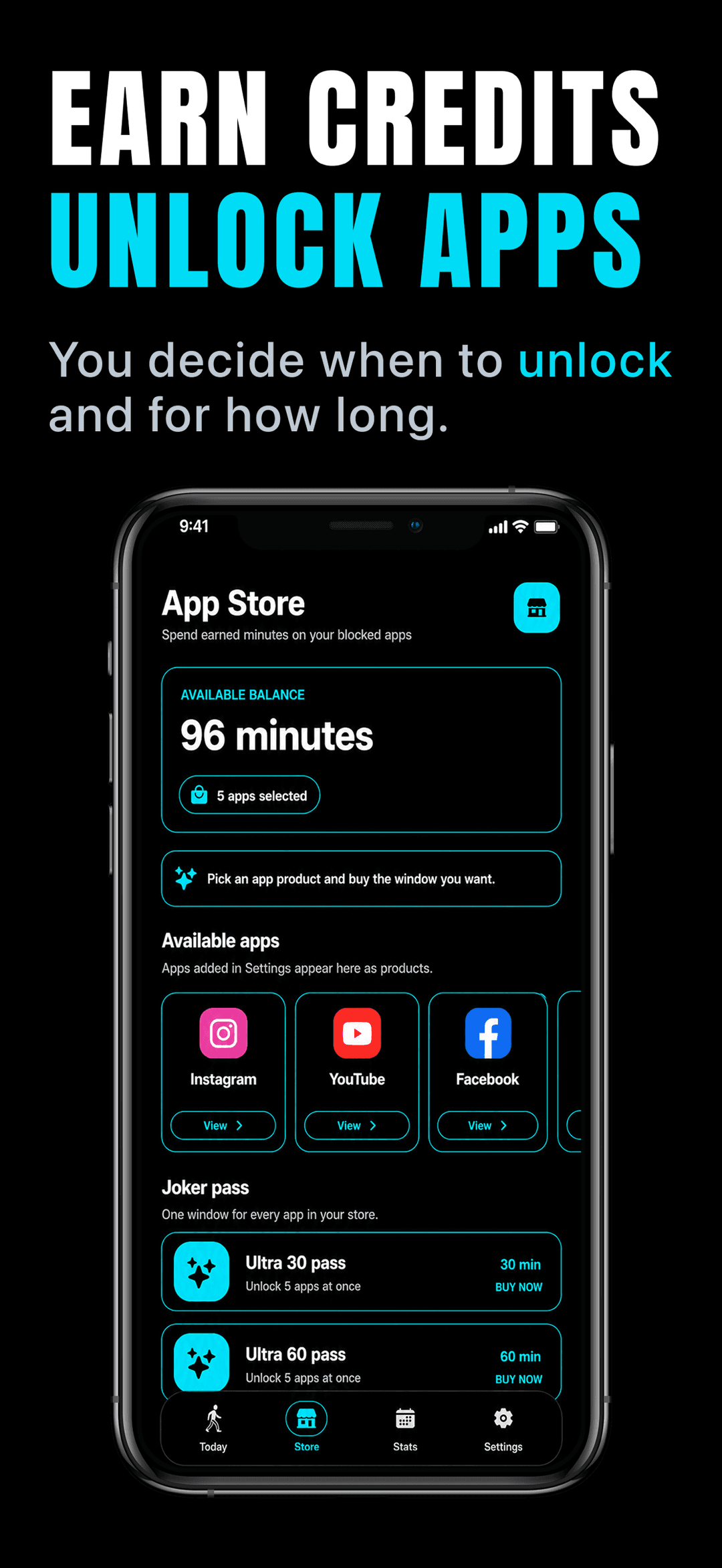 In-app marketplace: spend a 96-minute balance on unlock windows for Instagram, YouTube, and Facebook